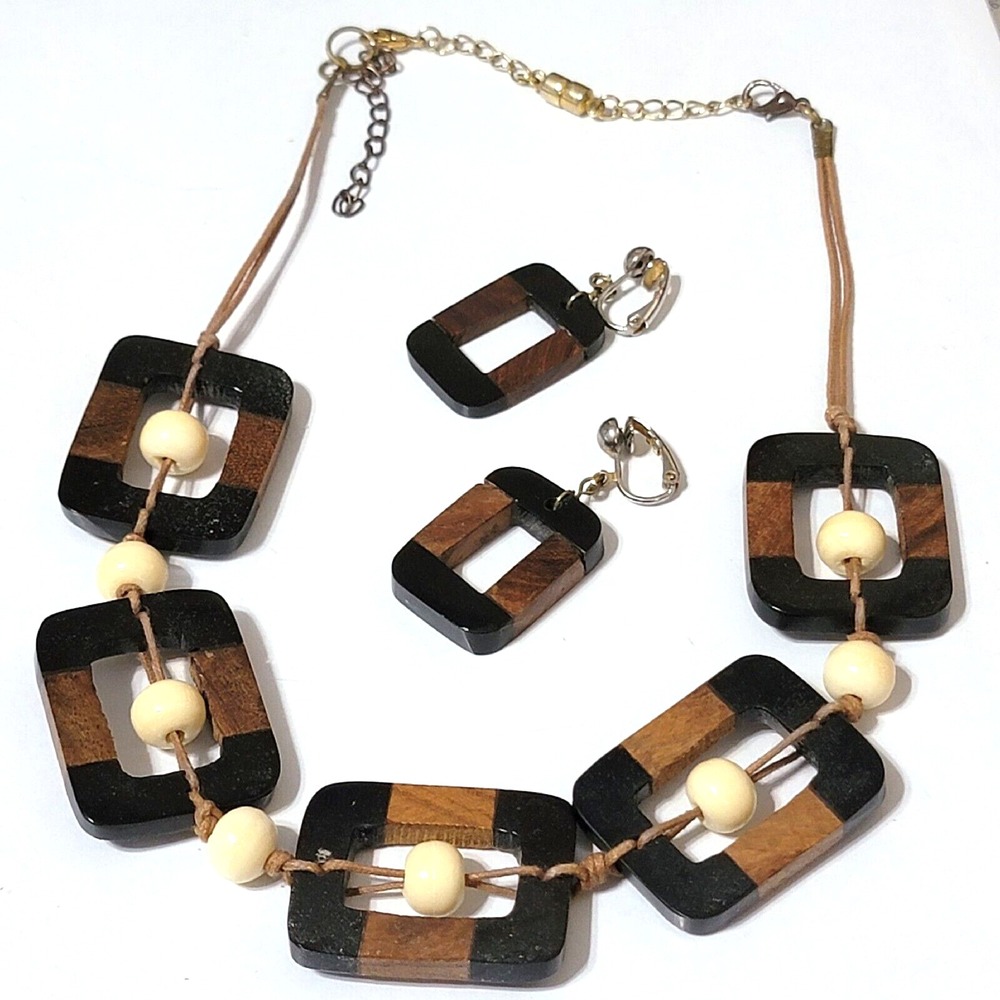 Vintage Black & Brown Square Tribal Station Necklace with Clip on Earrings